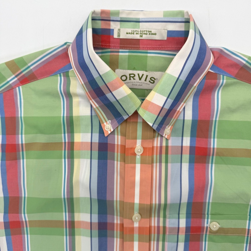 Orvis Button Front Shirt Mens M Green Multi Plaid Short Sleeve Cotton Preppy
